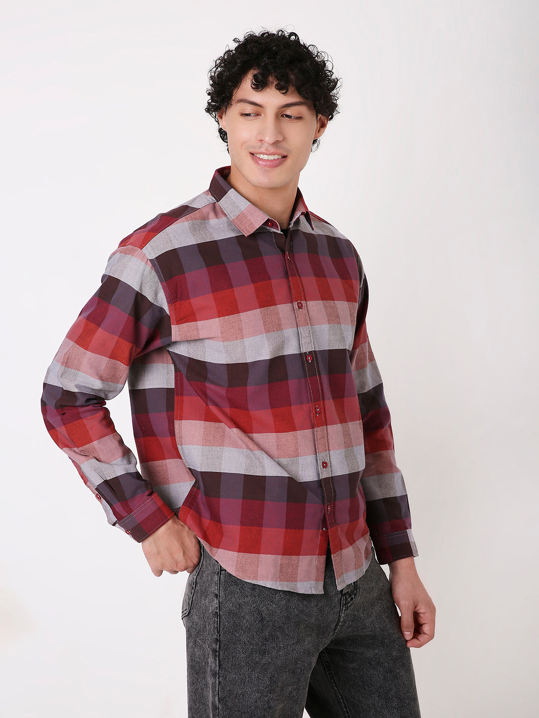 MEN'S CASUAL CHECKED MULTI-COLOUR COTTON BLEND RED SHIRT