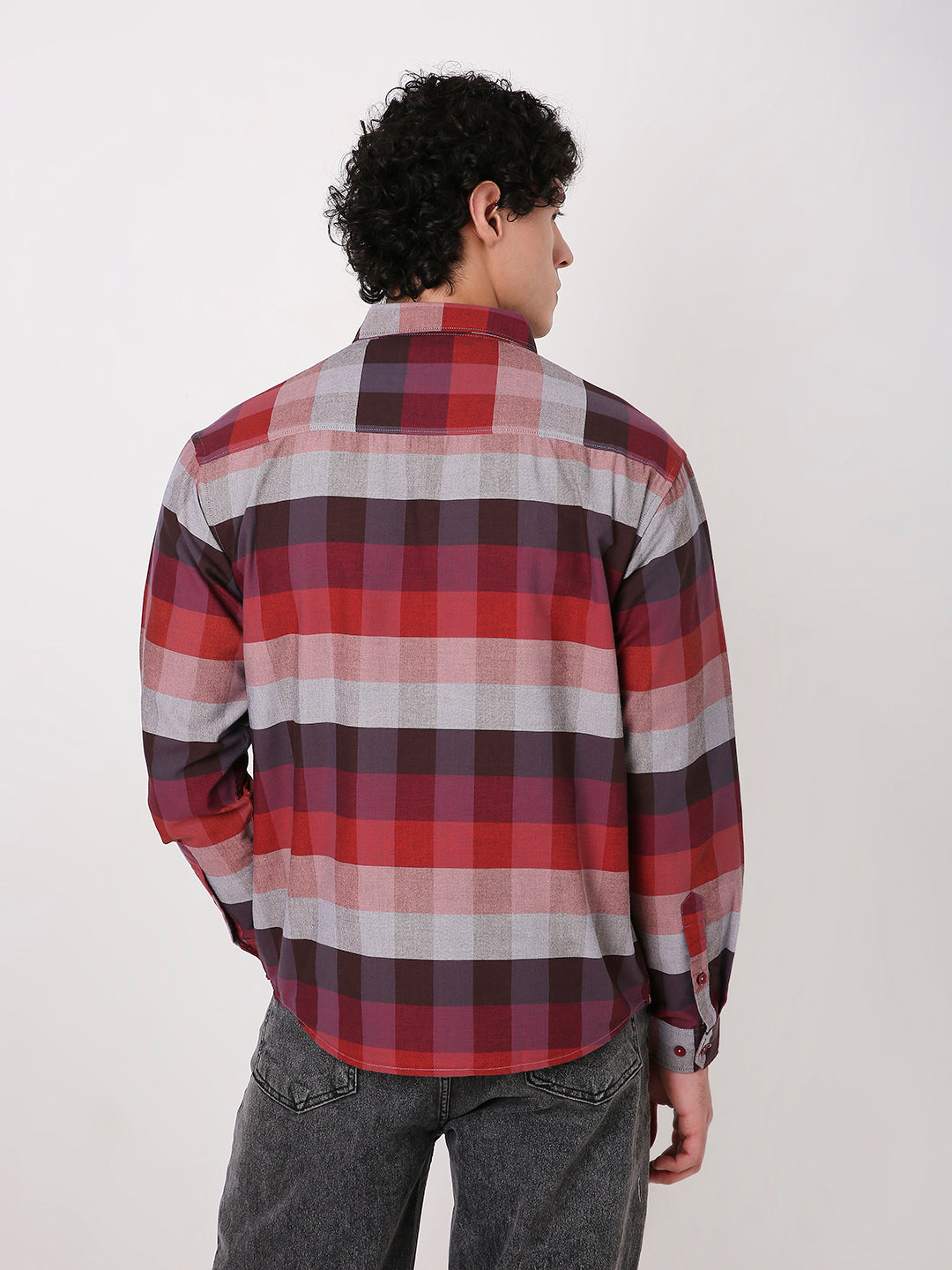 MEN'S CASUAL CHECKED MULTI-COLOUR COTTON BLEND RED SHIRT