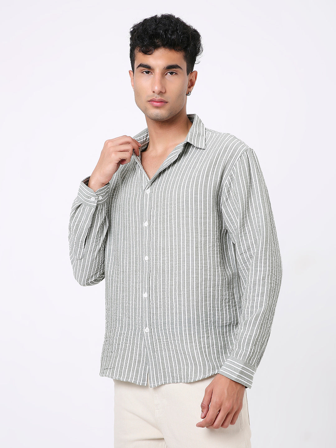GREEN LINEN BLEND STRIPED SHIRT