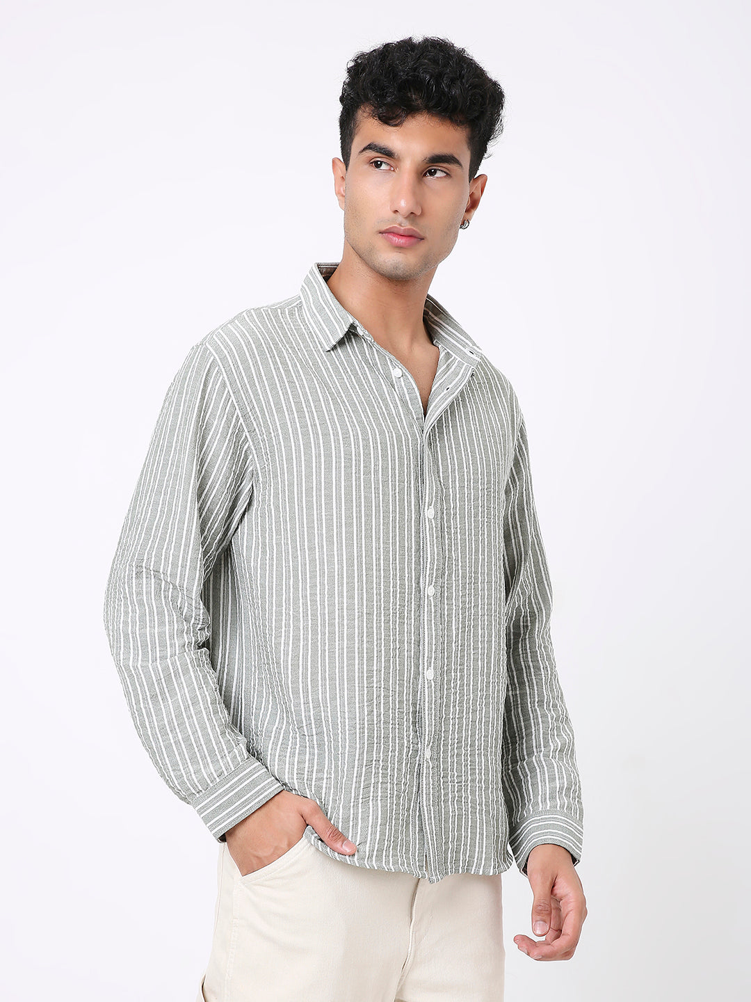 GREEN LINEN BLEND STRIPED SHIRT