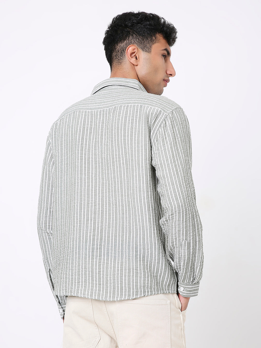 CLASSIC GREEN & WHITE LINEN BLEND STRIPED SHIRT