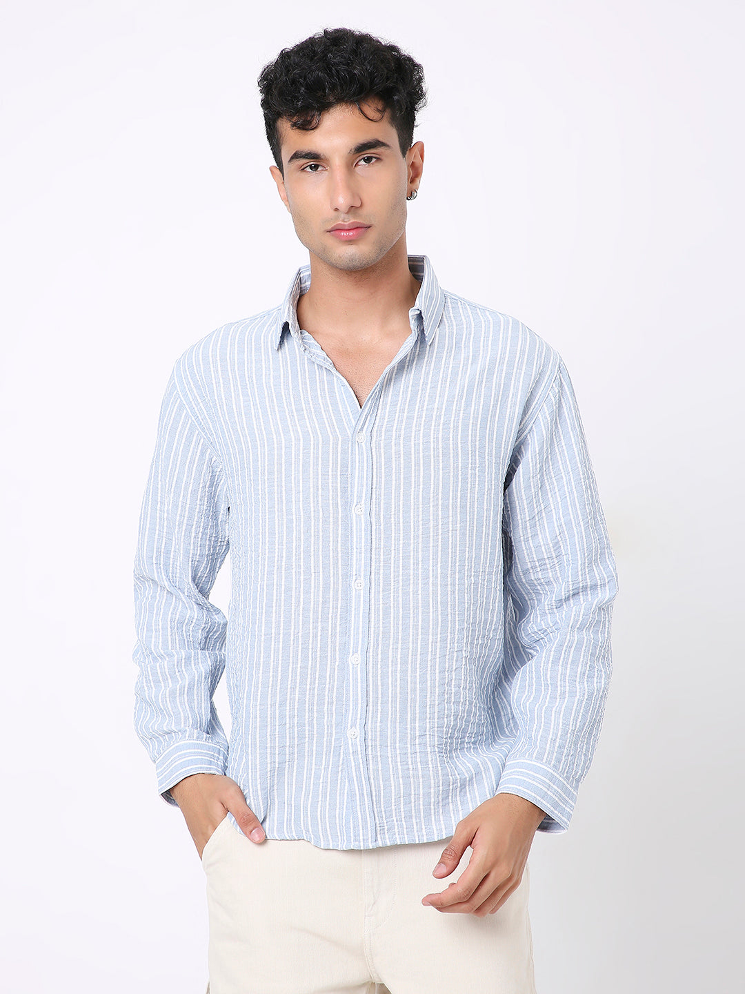 BLUE LINEN BLEND STRIPED SHIRT