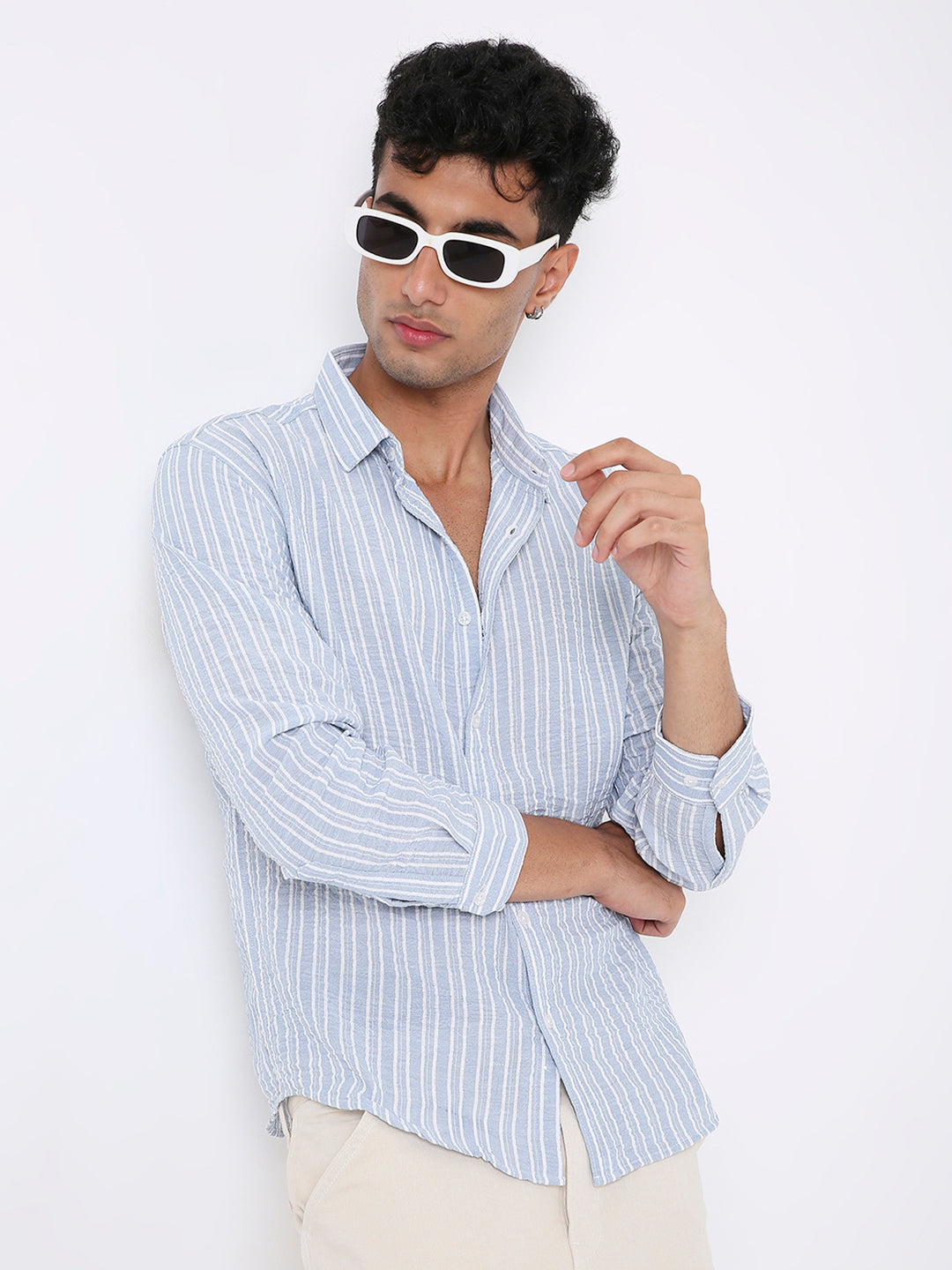 CLASSIC BLUE & WHITE LINEN BLEND STRIPED SHIRT
