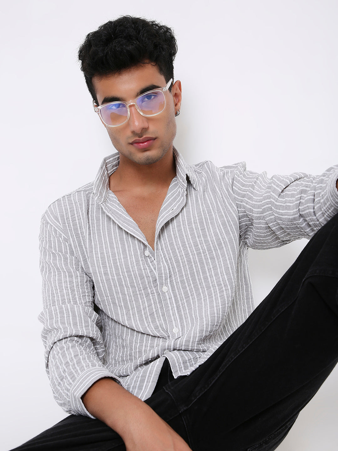 CLASSIC GREY & WHITE LINEN BLEND STRIPED SHIRT