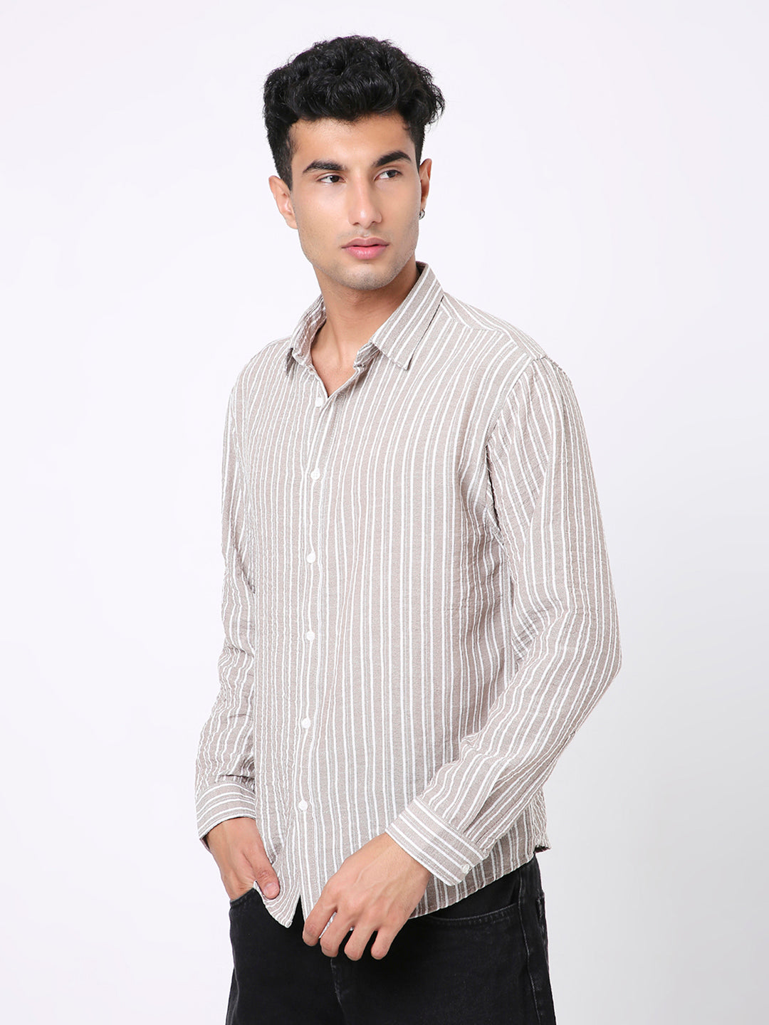 BEIGE LINEN BLEND STRIPED SHIRT