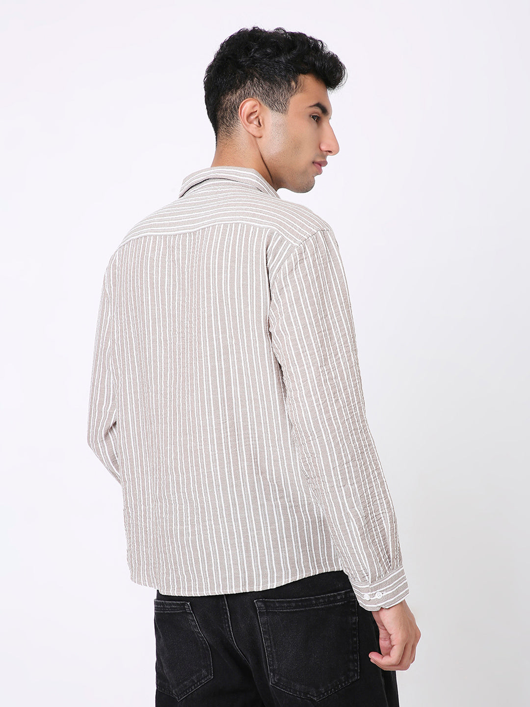 CLASSIC BEIGE & WHITE LINEN BLEND STRIPED SHIRT