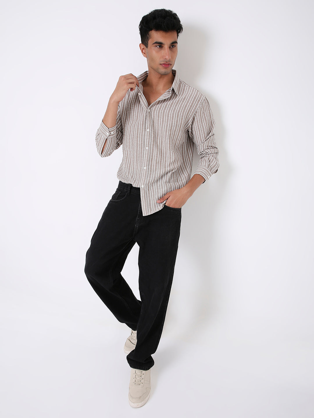 BEIGE LINEN BLEND STRIPED SHIRT