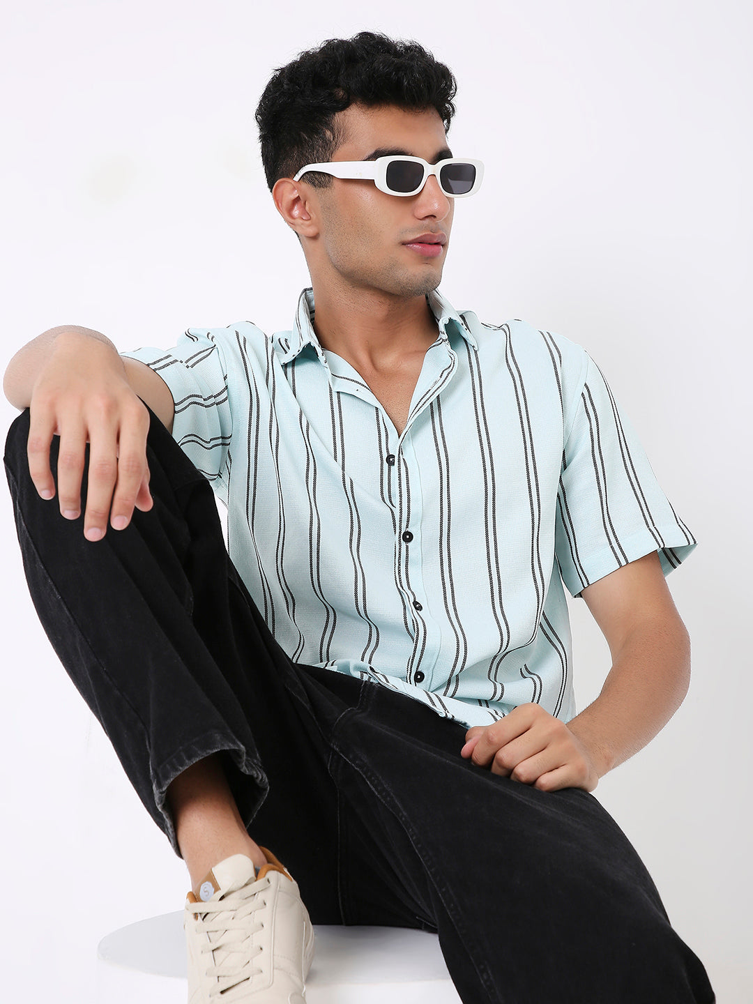 GREEN & BLACK STRIPED CASUAL SHIRT