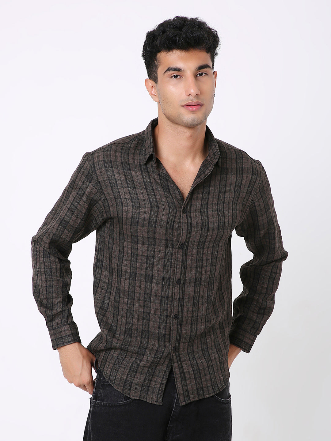 RELAXED FIT CHECKERED KHAKI CASUAL SHIRT