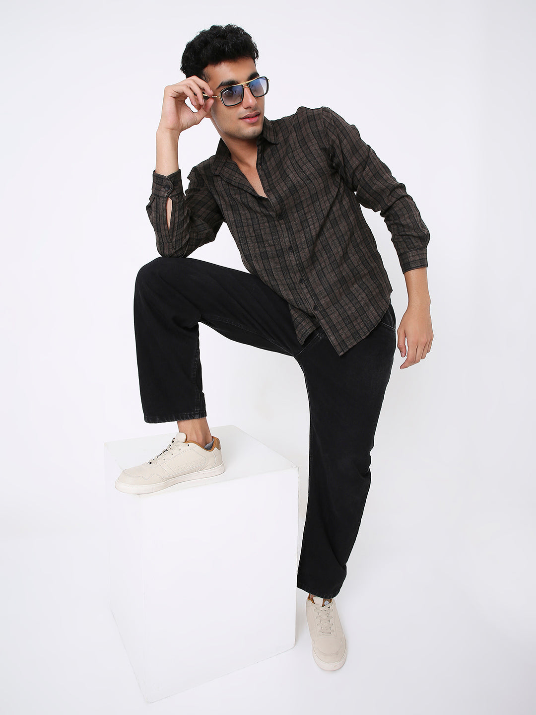 RELAXED FIT CHECKERED KHAKI CASUAL SHIRT