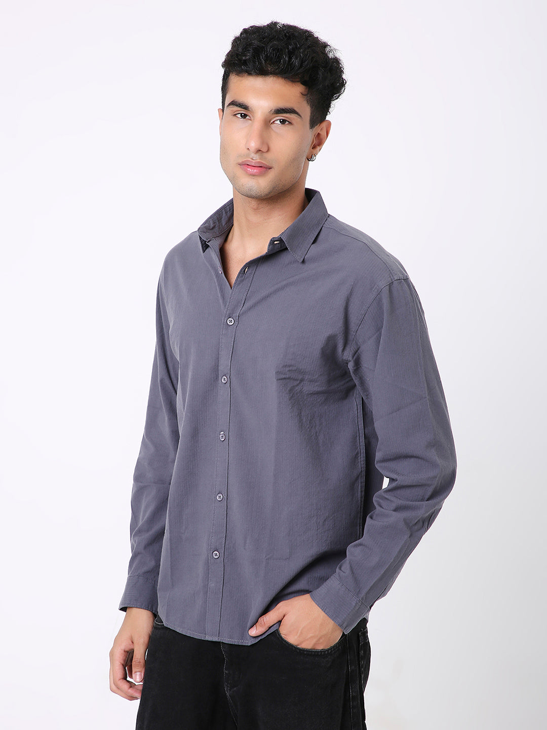 CHARCOAL GRAY SELF STRIPED SHIRT