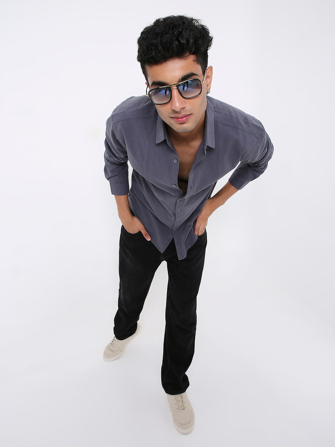 CHARCOAL GRAY SELF STRIPED SHIRT