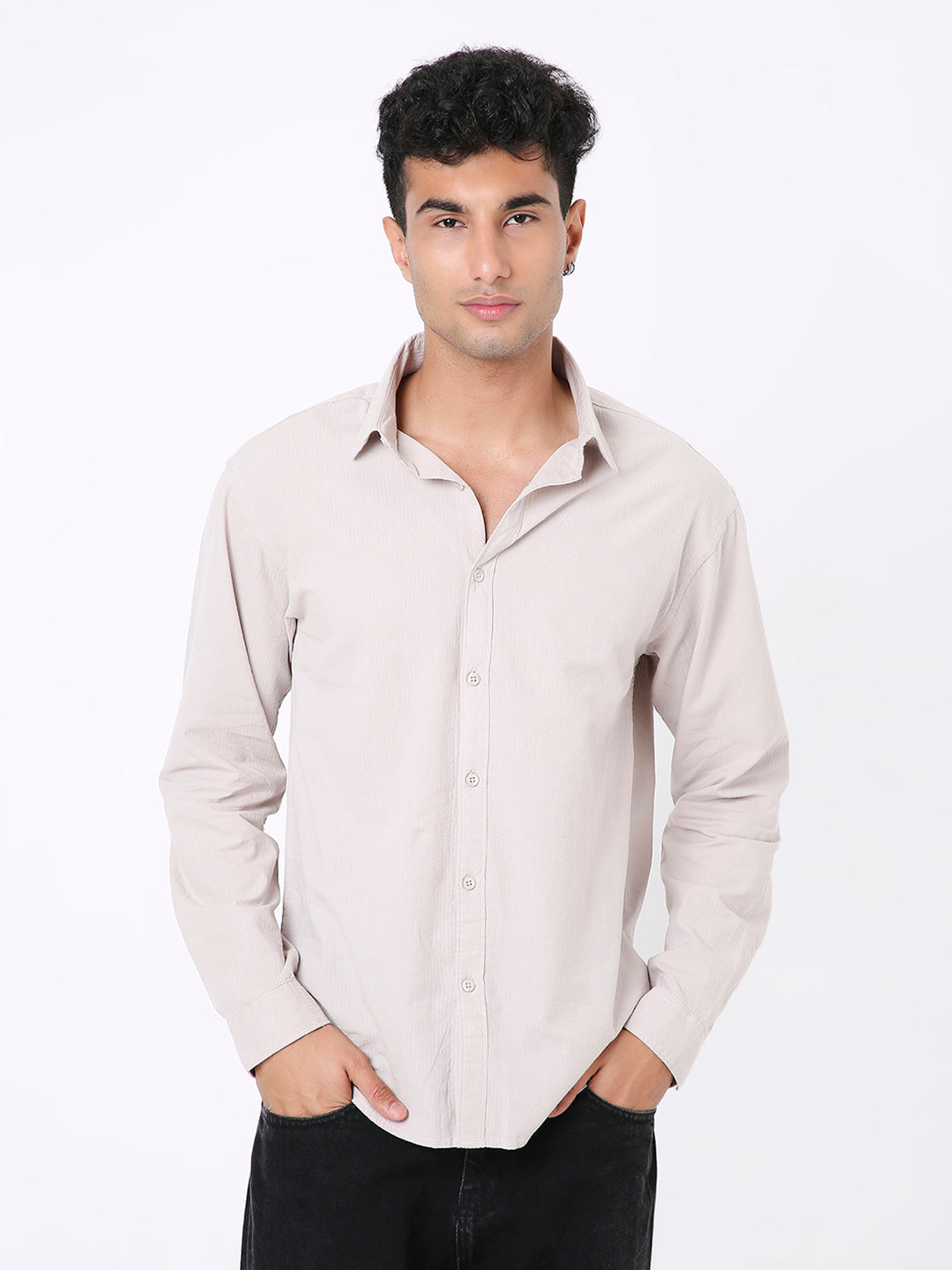 RELAXED FIT SELF STRIPED CASUAL SHIRT