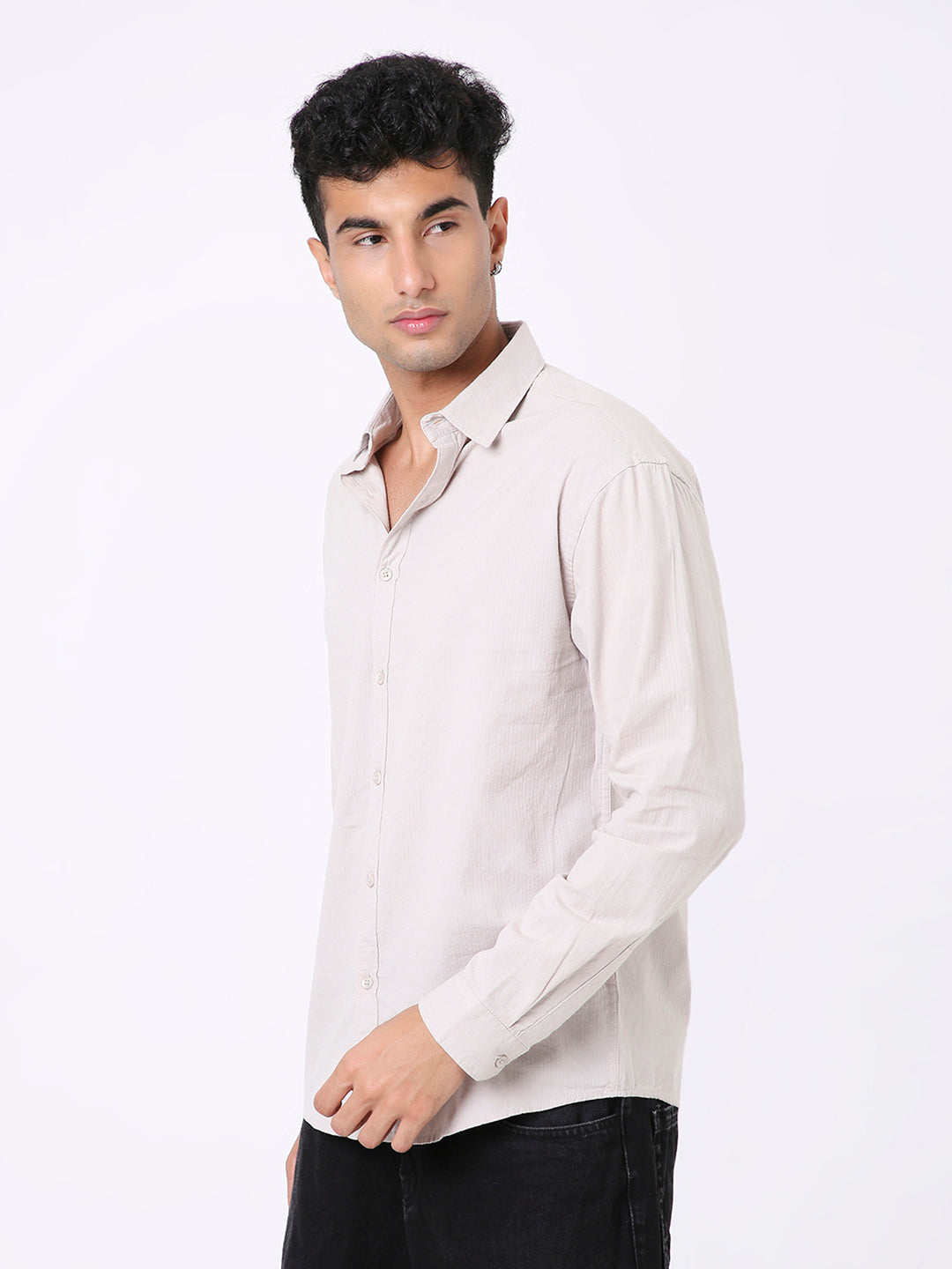 BEIGE SELF STRIPED CASUAL SHIRT