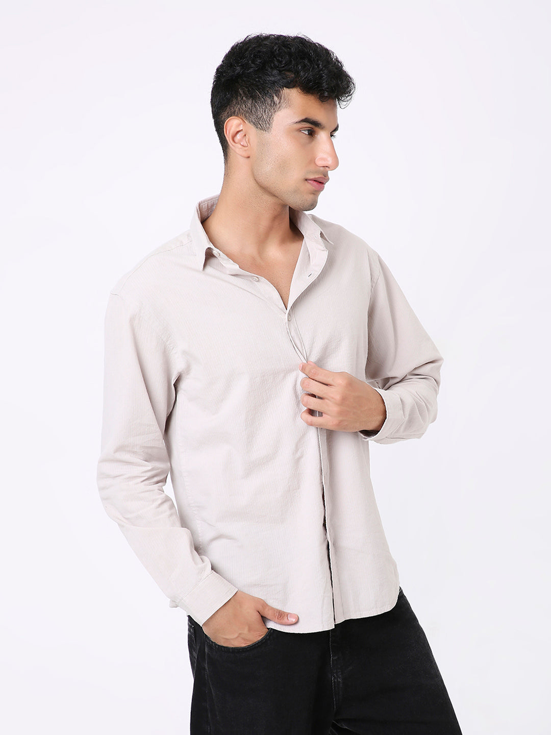 BEIGE SELF STRIPED SHIRT