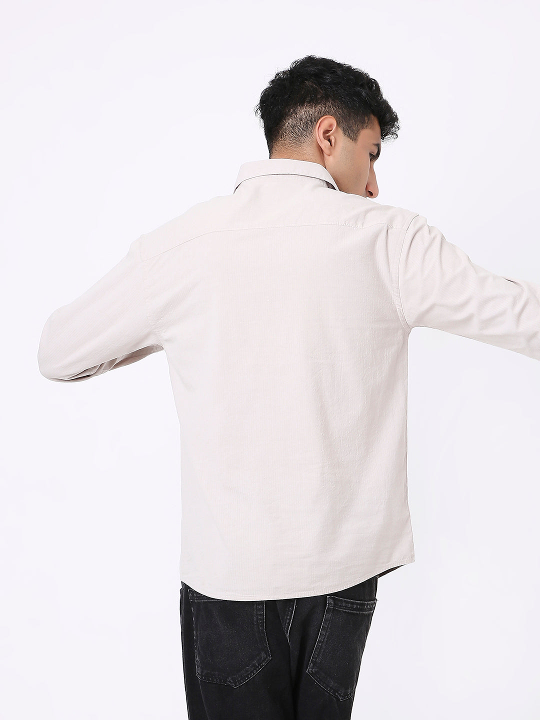 BEIGE SELF STRIPED CASUAL SHIRT