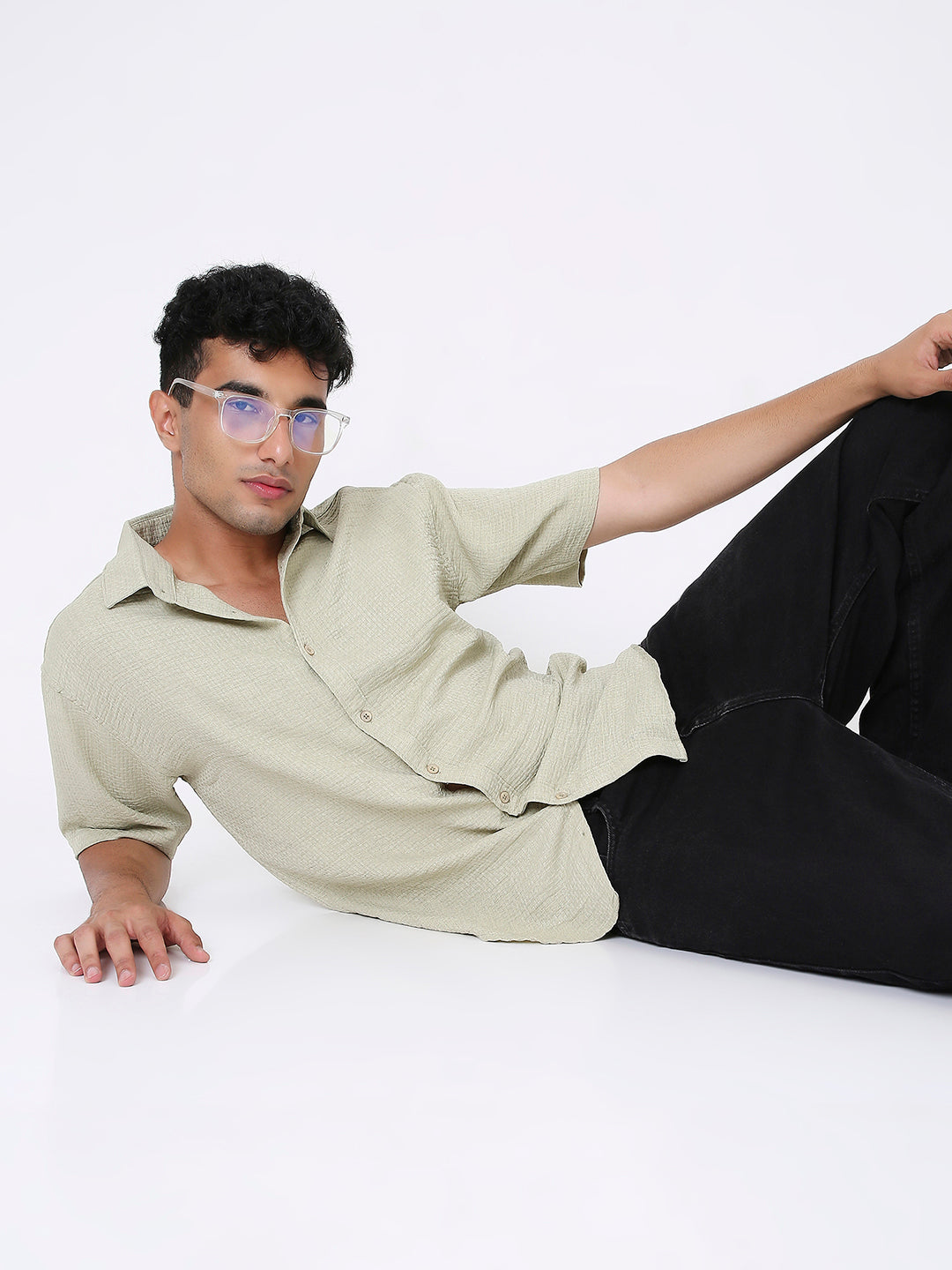 GREEN JACQUARD STRUCTURED SHIRT