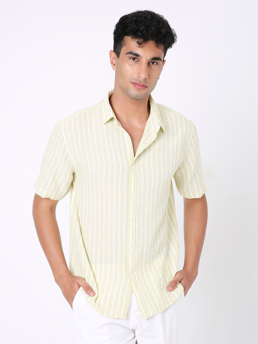 LEMON YELLOW LINEN BLEND STRIPED SHIRT