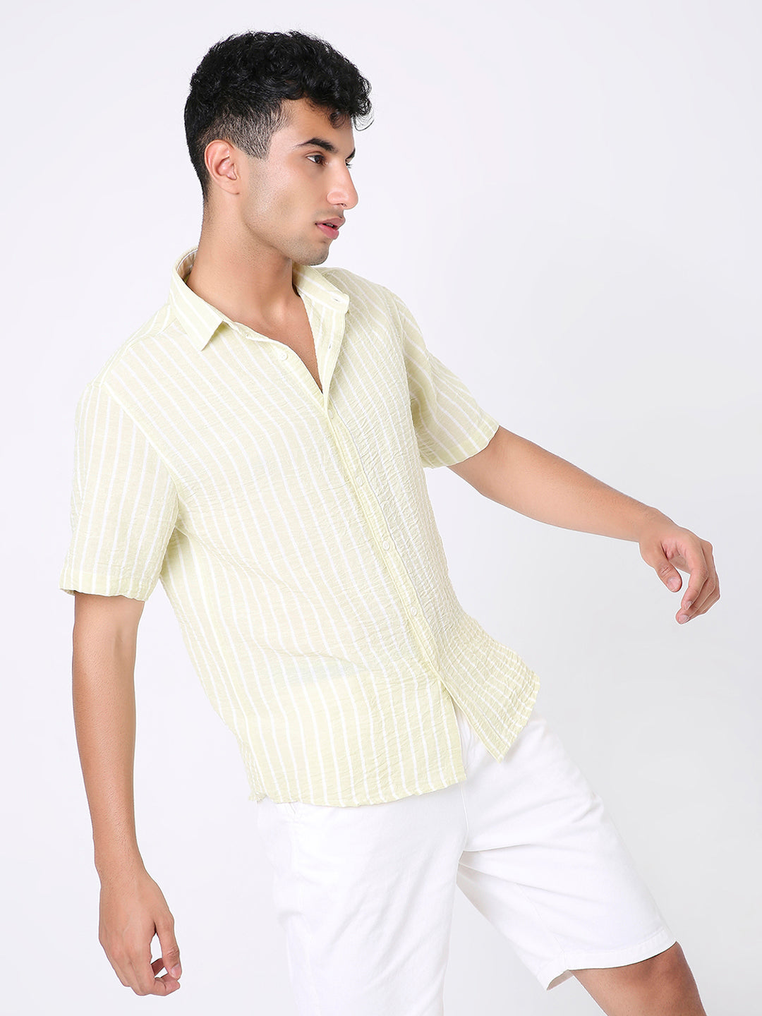 LEMON YELLOW LINEN BLEND STRIPED SHIRT
