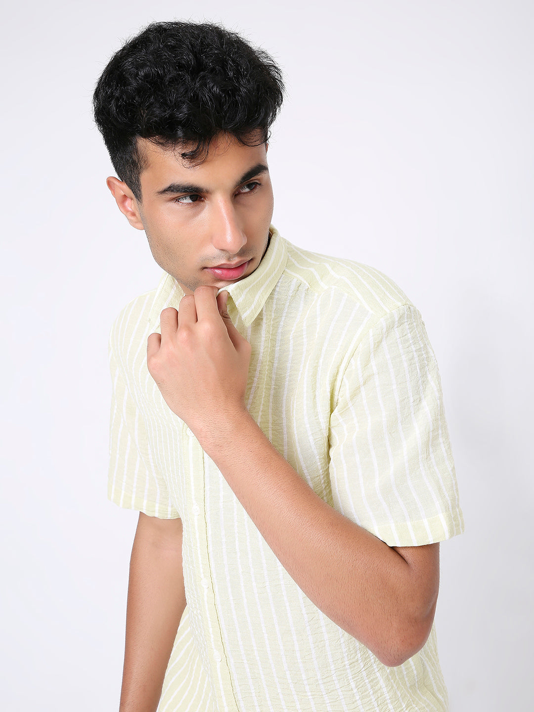 LEMON YELLOW LINEN BLEND STRIPED SHIRT