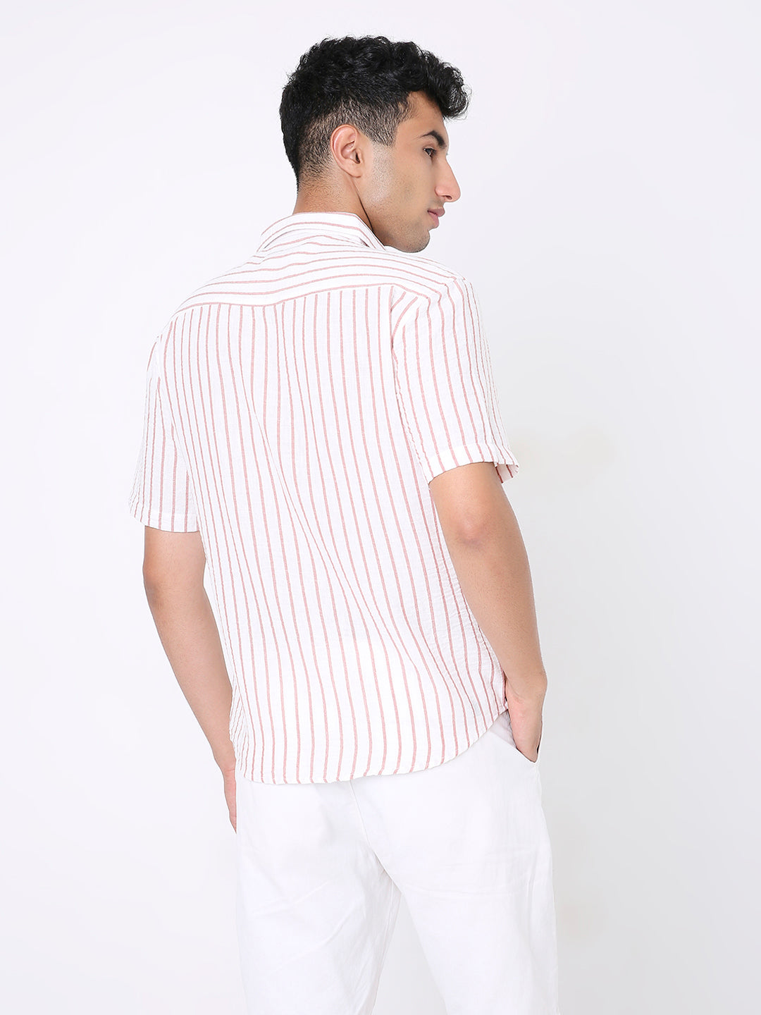 CLASSIC RED LINEN BLEND STRIPED SHIRT