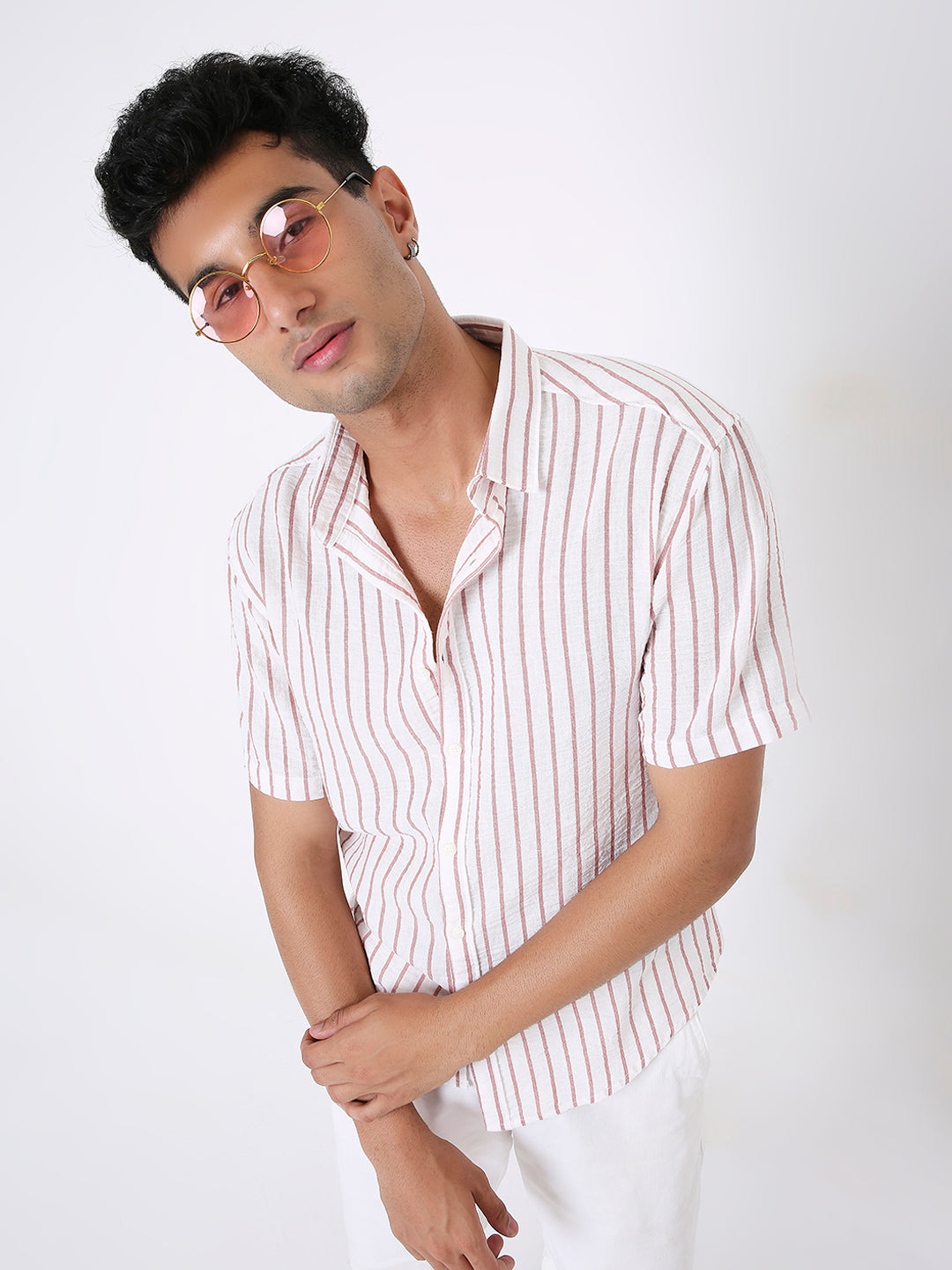 CLASSIC RED LINEN BLEND STRIPED SHIRT