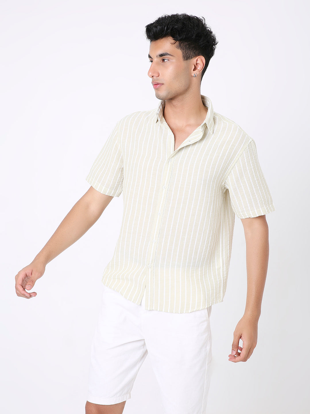 OLIVE LINEN BLEND STRIPED SHIRT