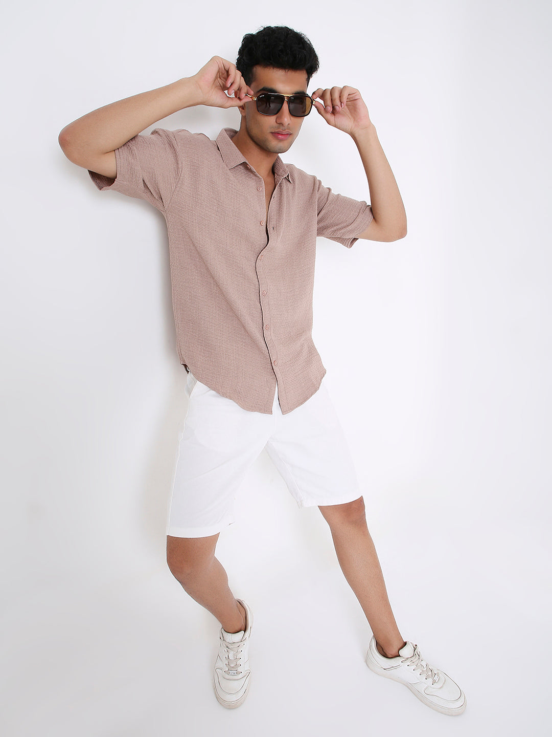 BEIGE TEXTURED SHORT SLEEVE SHIRT