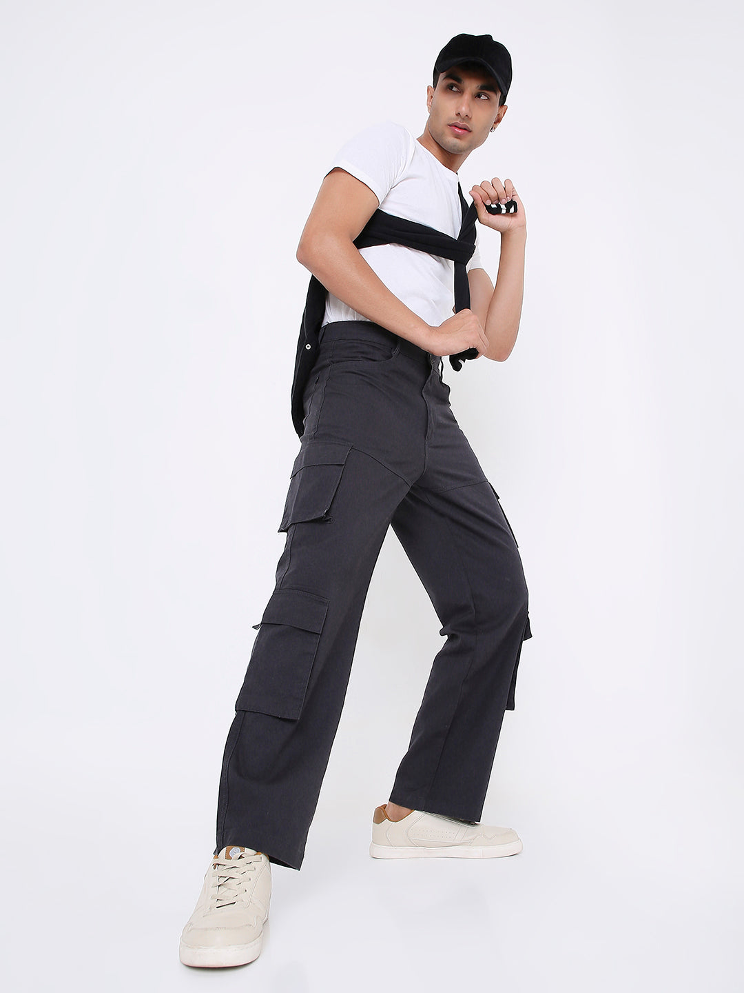 UNISEX RELAXED FIT  8 POCKET DARK GREY CARGO PANTS