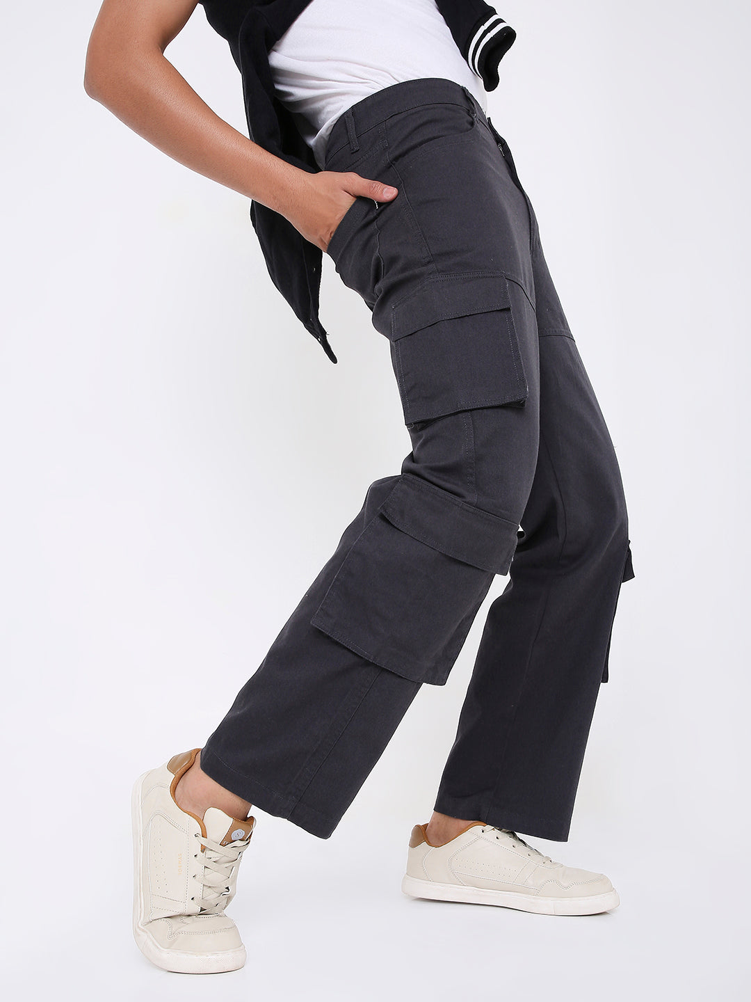UNISEX RELAXED FIT  8 POCKET DARK GREY CARGO PANTS