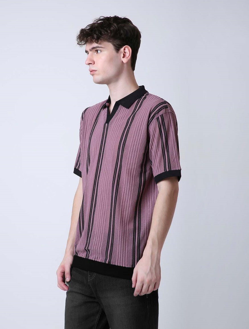 RETRO STYLE TEXTURED POLO COLLAR KNIT T-SHIRT