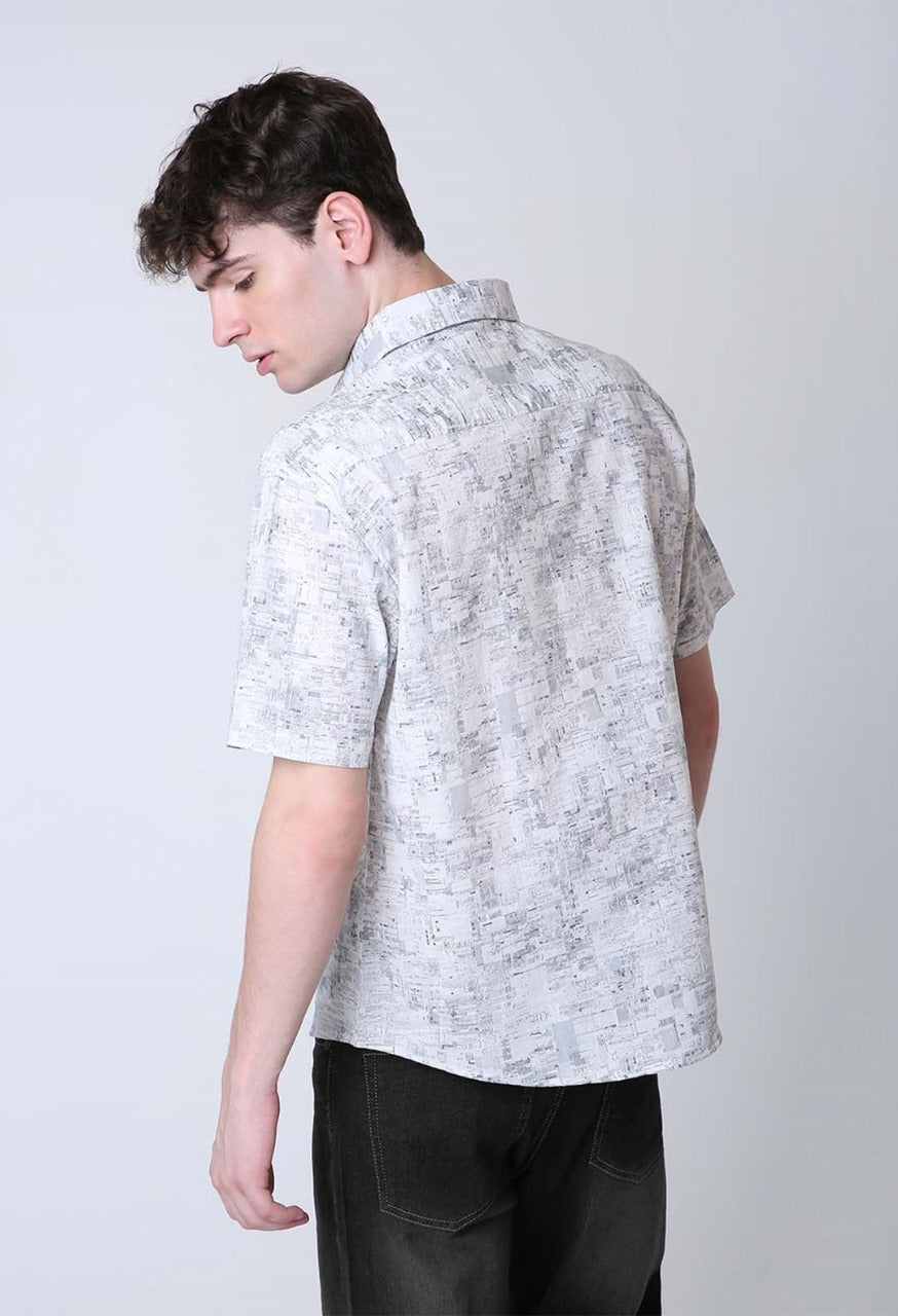 ABSTRACT PRINTED LINEN BLEND SHORT SLEEVE CASUAL SHIRT