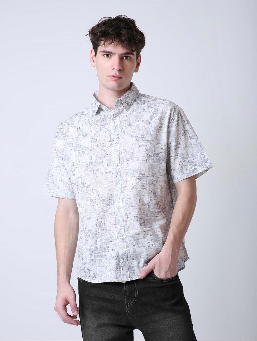 ABSTRACT PRINTED LINEN BLEND SHORT SLEEVE CASUAL SHIRT